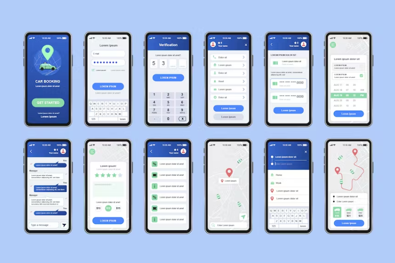Free GUI Layout Car Sharing Unique Mobile App UI Kit Template Download