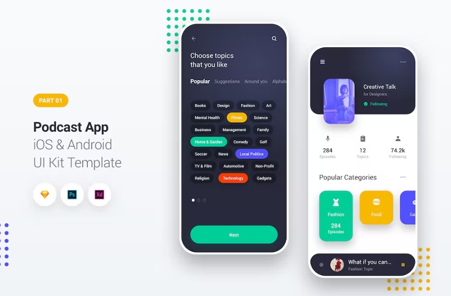 Free Podcast Player App iOS & Android UI Kit Template Download