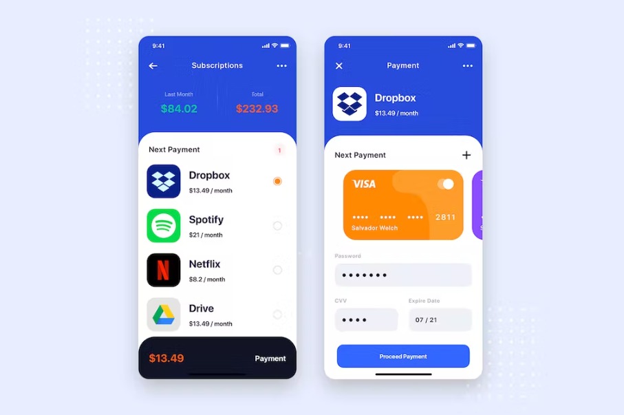 Free Subscription Payment Mobile App UI Kit Template Download