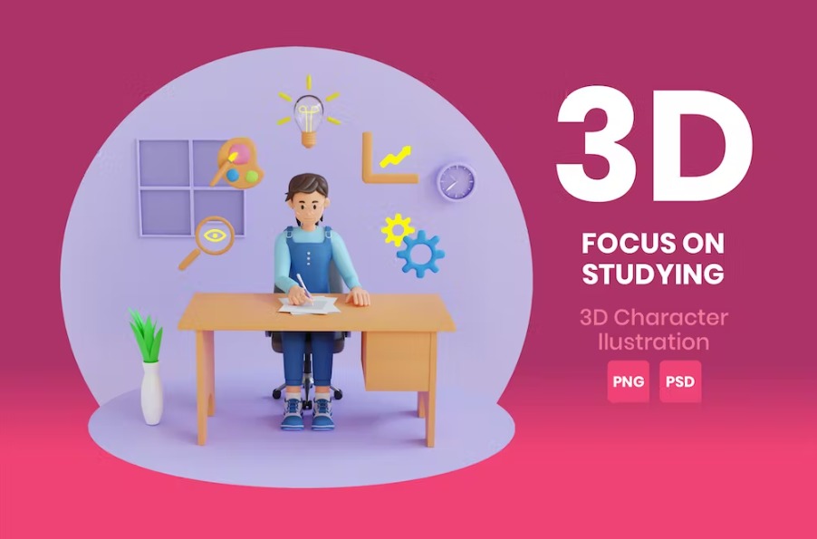 Free Focus On Studying 3D Character Illustration Template Download