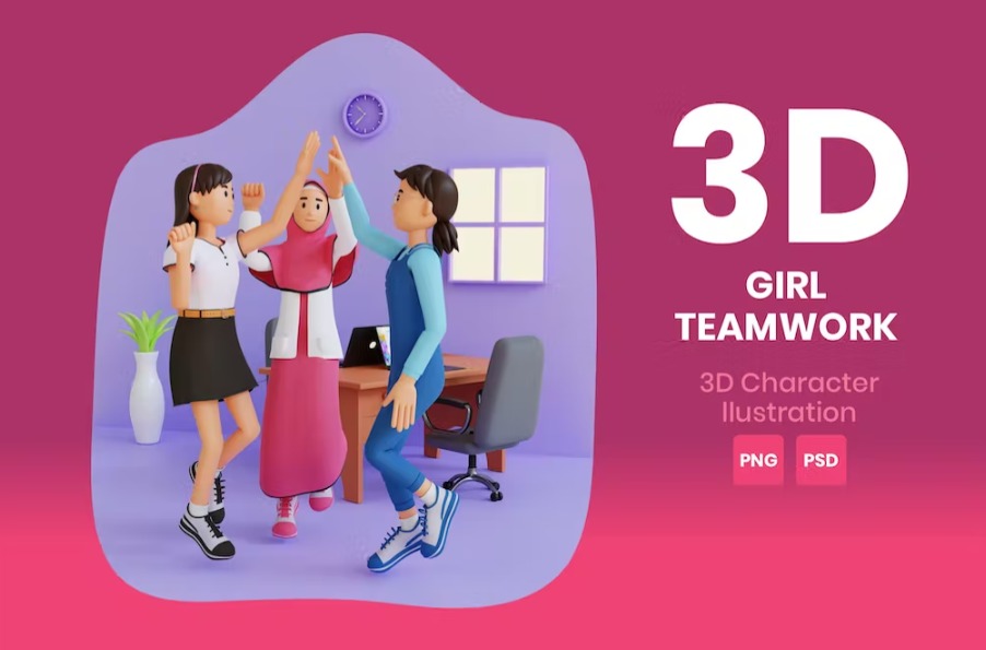 Free Girl Teamwork 3D Character Illustration Template Download