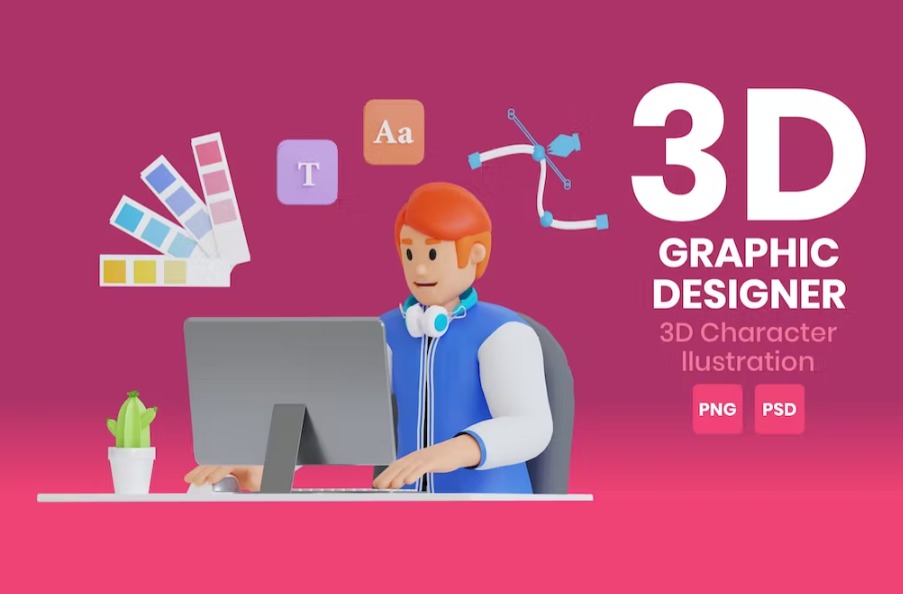 Free Graphic Designer 3D Character Illustration Template Vol.01