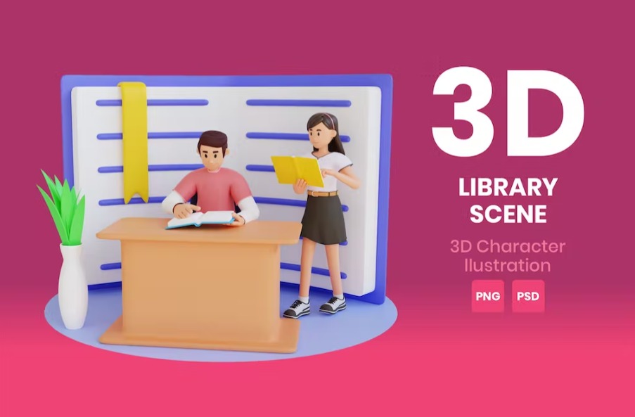 Free Library Scene 3D Character Illustration Template Download