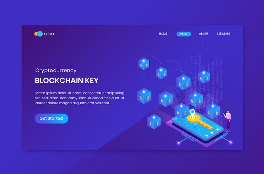 Free Bitcoin Blockchain Key Isometric Landing Page Download