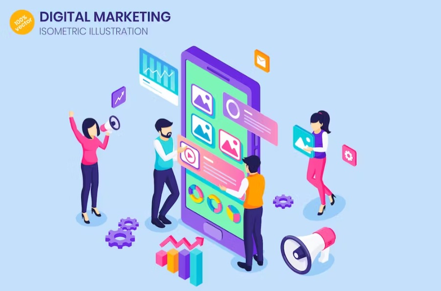 Free Digital Marketing Isometric Landing Page Template Download