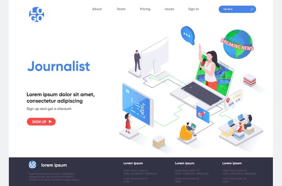Free Journalist Isometric Landing Page Template Download